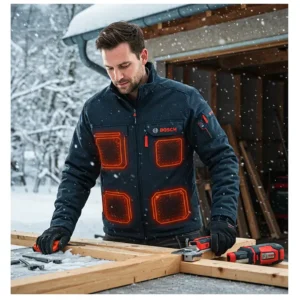A person comfortably working outdoors in cold weather wearing a durable Bosch heated jacket, showcasing its warmth and practicality.