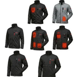 A lineup of different Bosch heated jacket models, illustrating the variety of styles and features available for different needs.