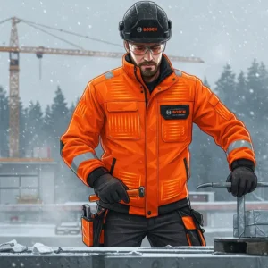  Illustration of a professional (e.g., construction worker, technician) wearing a Bosch heated jacket while actively working outdoors in a chilly setting.