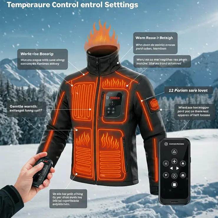 Graphic demonstrating the temperature control settings of a Bosch heated jacket, showing how users can adjust the warmth levels for optimal comfort.