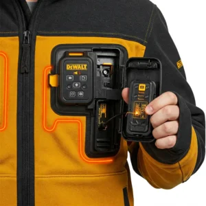The power source and control button of a Men's DeWalt Heated Jacket, showing ease of use and battery integration.