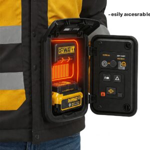 Close-up illustration of the battery and easy-to-use controls on a Men's DeWalt Heated Jacket