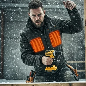 A Men's DeWalt Heated Jacket in action, worn by a man working in cold and challenging weather conditions.