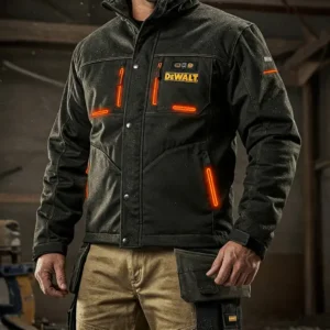 Highlighting the durable construction and water-resistant fabric of a Men's DeWalt Heated Jacket, built to last.