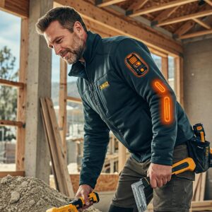 Illustration highlighting the flexible design and freedom of movement offered by the Men's DeWalt Heated Jacket