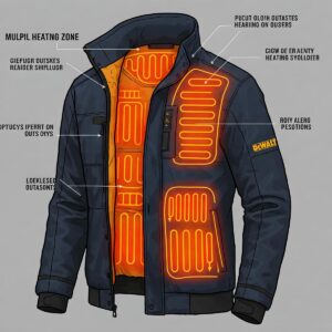 Illustration showing the multiple heating zones in a Men's DeWalt Heated Jacket