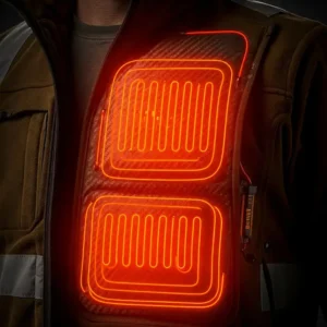 Close-up view of the internal heating panels in a Men's DeWalt Heated Jacket, highlighting the technology providing warmth.
