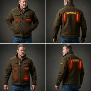Multiple angles showcasing the design and features of the Men's DeWalt Heated Jacket, including pockets and fit