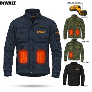 Illustration displaying the different styles and color options for the Men's DeWalt Heated Jacket