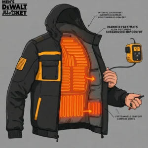 Illustration depicting the various heat levels available on a Men's DeWalt Heated Jacket, allowing for customized comfort