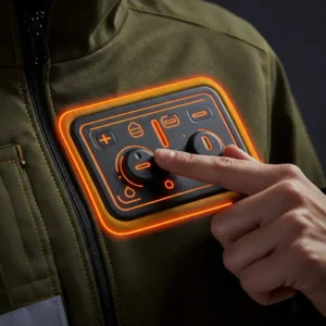 Detail of the easy-to-use temperature controls on a DeWalt women's heated jacket.