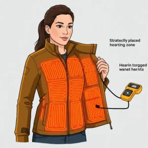 Illustration showing the strategically placed heating zones in a DeWalt women's heated jacket for targeted warmth.