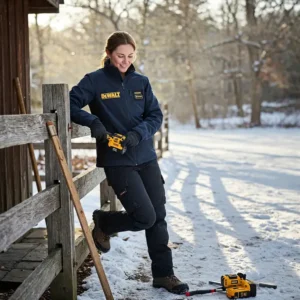 A woman comfortably working outdoors in cold weather, wearing a DeWalt women's heated jacket for warmth and flexibility.