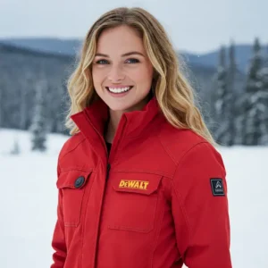 A woman confidently smiles while wearing a red DeWalt women's heated jacket, showcasing its style and warmth.