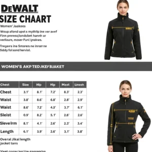 Size chart providing measurements for DeWalt women's heated jackets to ensure a perfect fit.