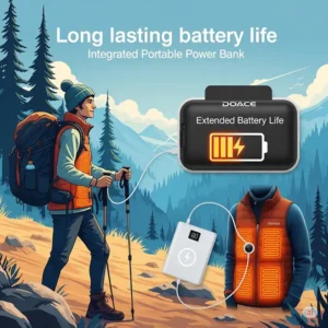Graphic depicting the long-lasting battery life and included power bank of the Doace heated vest, emphasizing portability.