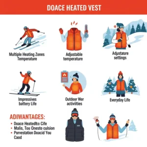 Infographic summarizing key benefits and features of the Doace heated vest, highlighting its effectiveness in cold weather.