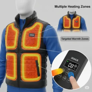 Illustration highlighting the multiple heating zones of the Doace heated vest, demonstrating targeted warmth.