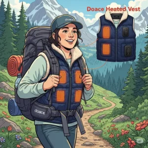 Illustration of someone enjoying a hike while wearing a Doace heated vest, demonstrating its versatility for outdoor adventures.