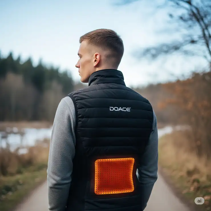 Doace heated vest with a person wearing it outdoors, showcasing its comfortable fit and sleek design.