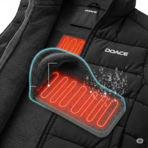 Close-up illustration of the premium, comfortable materials used in the Doace heated vest, ideal for outdoor activities.