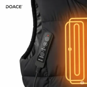 Visual representation of the easy-to-use temperature control settings on the Doace heated vest for customized warmth.
