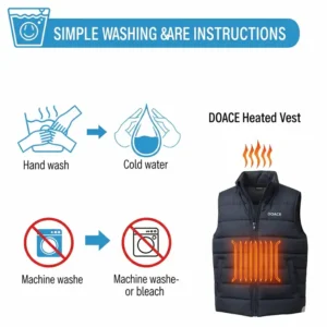Diagram showing the simple washing and care instructions for the Doace heated vest, ensuring durability.