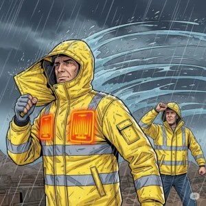 Illustration of a high visibility heated jacket deflecting rain and wind, emphasizing its weatherproof and durable design for outdoor work.
