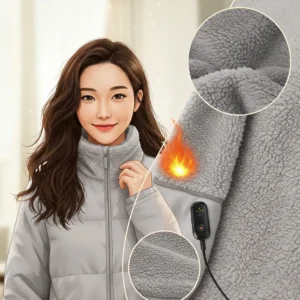 Illustration highlighting the soft and breathable fleece material of a comfortable women's heated jacket.