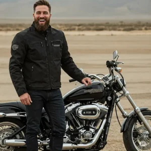 A man wearing a black Harley-Davidson heated jacket smiles confidently while standing next to his motorcycle.