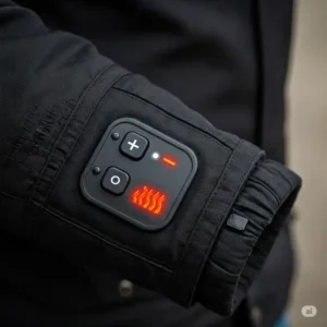 Detail of the temperature control on a Harley-Davidson heated jacket, allowing riders to adjust warmth levels.