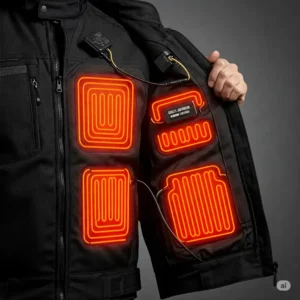 Internal heating panels of a Harley-Davidson heated jacket, showcasing the technology for warmth.