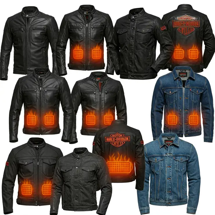 A collection of various Harley-Davidson heated jacket styles and designs for motorcycle enthusiasts