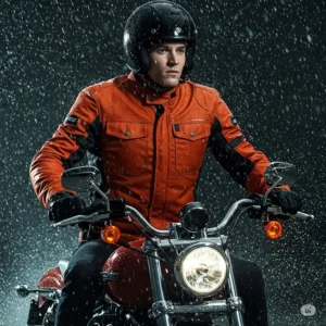 Harley-Davidson heated jacket demonstrating its windproof and water-resistant qualities for all-weather riding.