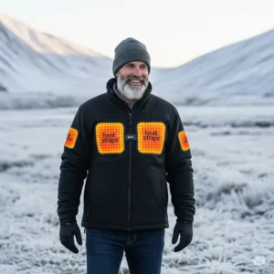 Person comfortably enjoying cold weather while wearing a durable heat straps jacket for ultimate warmth.