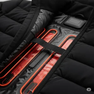 Man wearing a stylish black heat straps jacket with visible heating elements for superior warmth.
