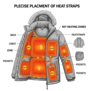 Infographic illustrating the strategic placement of heat straps within a heated jacket for optimal body warmth.
