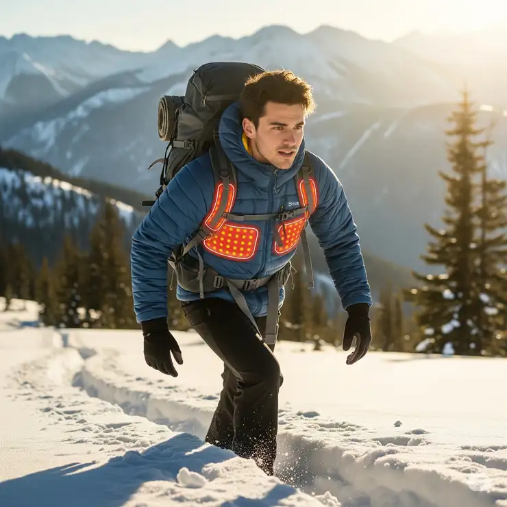 Hiker enjoying the outdoors, protected and warm in a high-performance heat straps jacket.