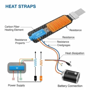 Diagram showcasing the advanced heating technology and carbon fiber heat straps in a modern heated jacket.