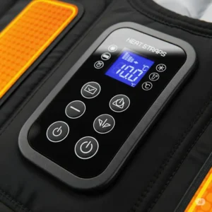 Close-up of the intuitive temperature control panel on a heat straps jacket for personalized warmth.