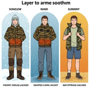 Illustration demonstrating how to layer clothing with the versatile heated camo jacket.