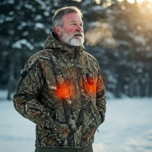 Man wearing a heated camo jacket in a cold outdoor environment, highlighting its warmth.