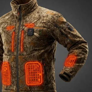 Highlighting the water-resistant and other technical features of the rugged heated camo jacket.