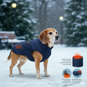  Illustration highlighting the benefits of a heated dog jacket for senior dogs and those in cold weather.