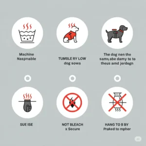 Simple icons showing care instructions for washing and maintaining a heated dog jacket.