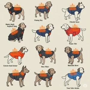 Line drawing showcasing various styles and colors of heated dog jackets.