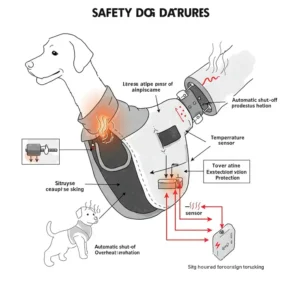  Diagram illustrating the safety features of a heated dog jacket, such as automatic shut-off.