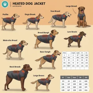 Infographic showing different sizes available for a heated dog jacket, from small to large breeds.