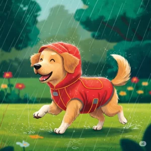 Cartoon dog happily walking in the rain wearing a waterproof heated dog jacket.