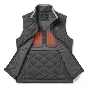 Ergonomic design and durable material of a high-quality heated golf vest, ideal for cold weather play.